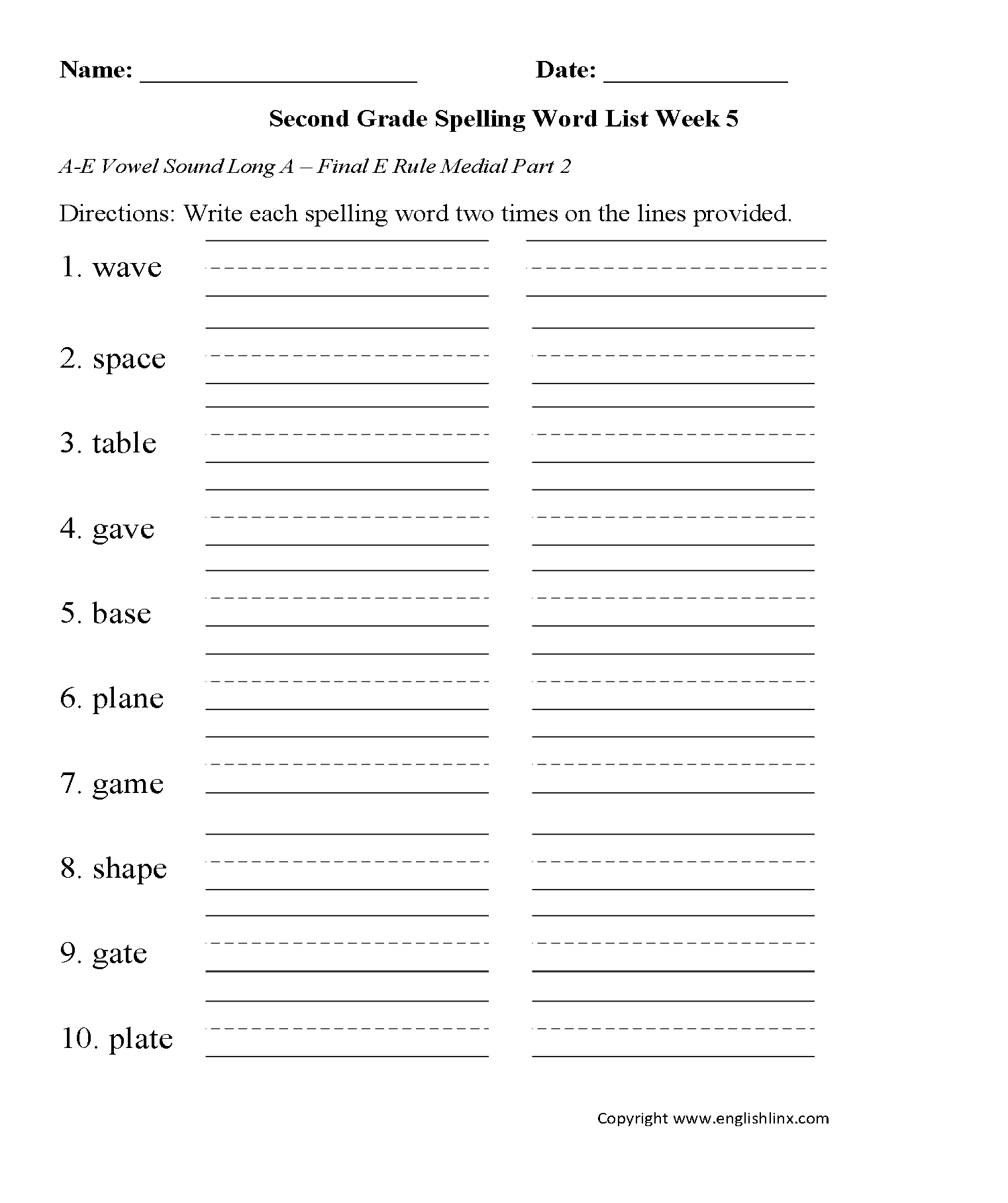 Week 5 AE Vowel Final Medial 2 Second Grade Spelling Words Worksheets